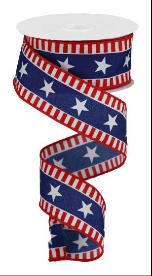 Patriotic Ribbon Red White & Blue Ribbon 4th of July Ribbon 1.5 Inch x 10Yards wired Ribbon Memorial Day Wreath supplies Bow making Crafting